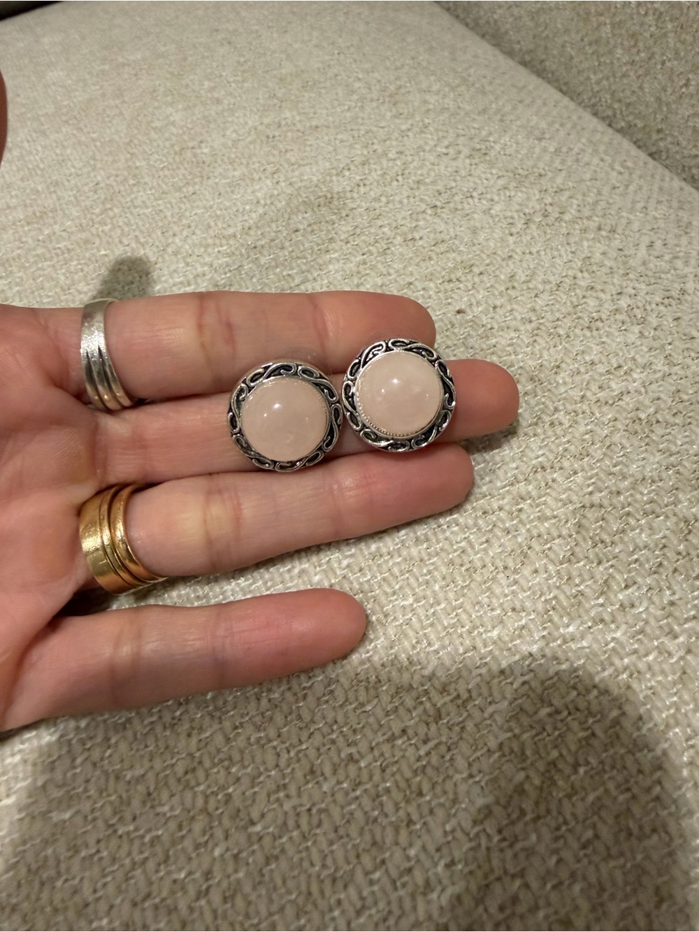 Silver Pink Stone Round Stud Earrings